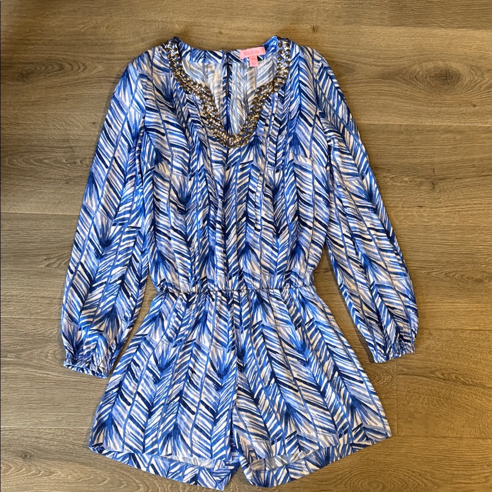 Lilly Pulitzer Blue and White Leaf Print Romper xxs